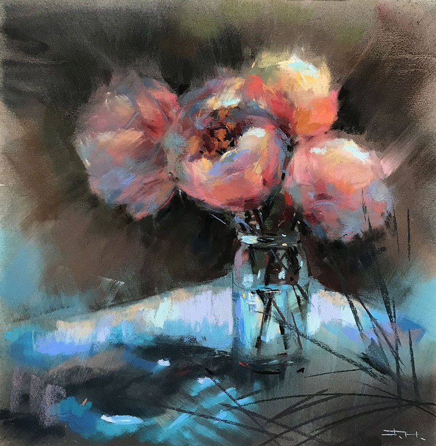 Coral Peonies On Turquoise Tablecloth
